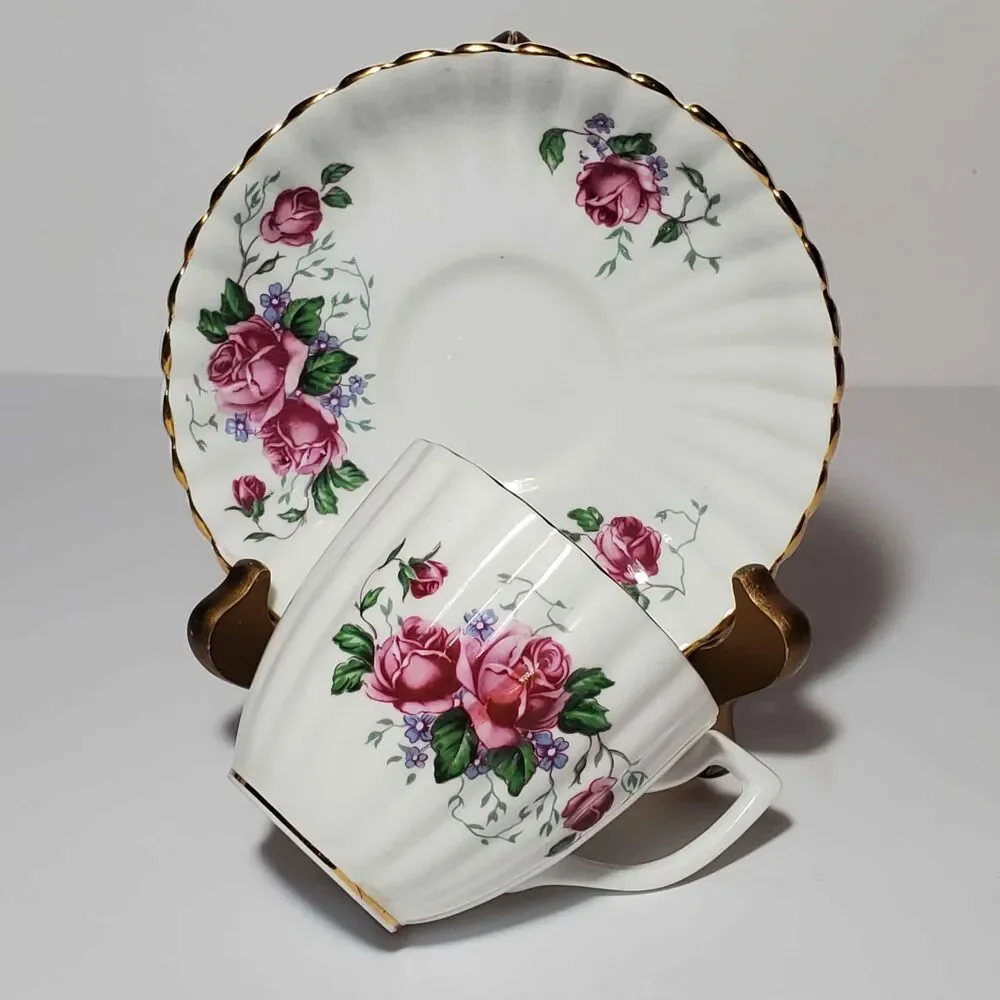 English Castle Teacup and Saucer Pink Roses Vintage